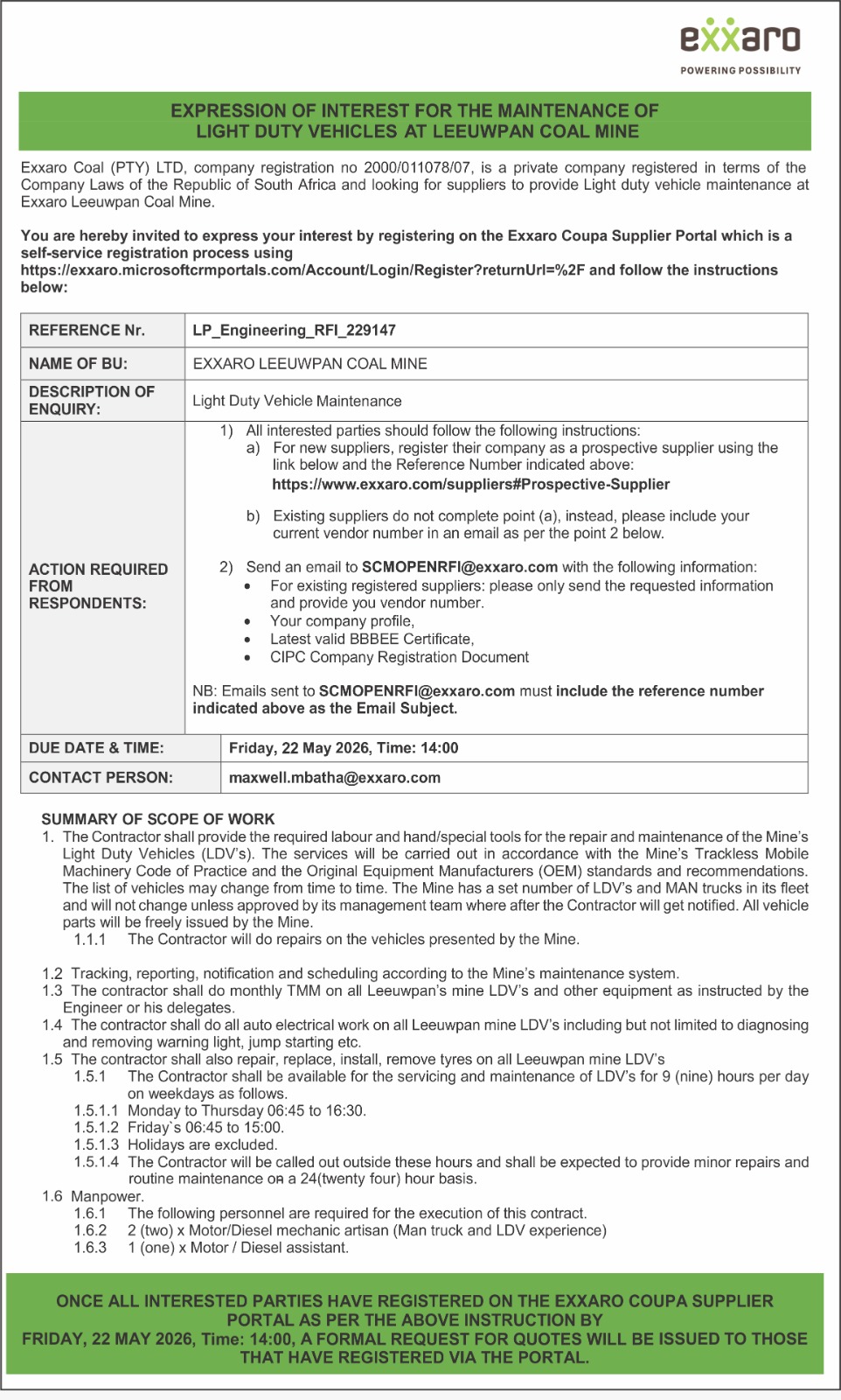 EXPRESSION OF INTEREST FOR THE MAINTANANCE OF LIGHT DUTY VEHICLES AT LEEUWPAN COAL MINE
